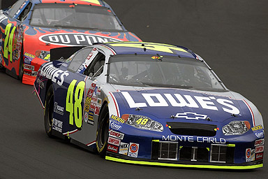 Jimmie Johnson leads Jeff Gordon on his way to victory in Sunday's Sylvania 300. Credit: Autostock